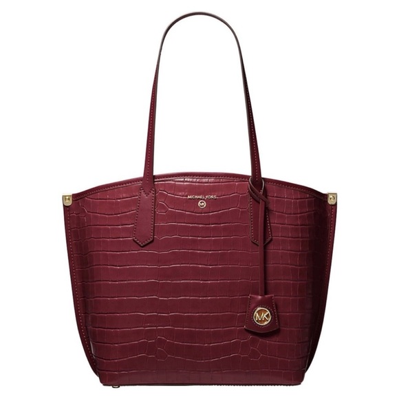 NWOT Michael Kors Burgundy Jane Croc Embossed Leather Large Tote Shoulder Bag - Picture 1 of 4